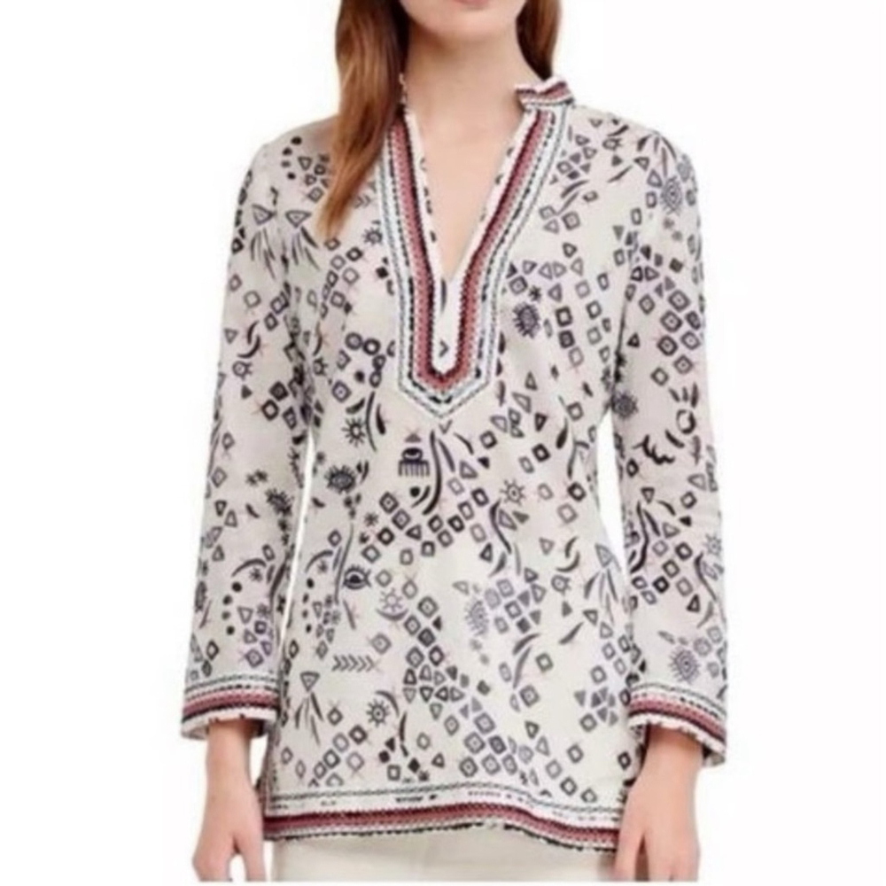 TORY BURCH Cotton Printed Tunic style v-neck embellished neck, cuffs & hem sz 2